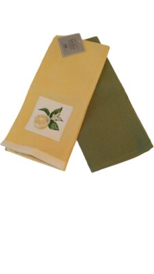 Lemon Slice Embellished Kitchen Towel 100% Cotton Yellow and Plain Green Waffle-image