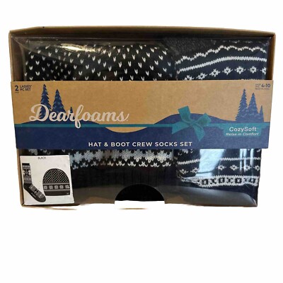 NIB Women’s Dearfoams Hat & Boot Crew Socks Set Black White Cozy Soft Size 4-10-image