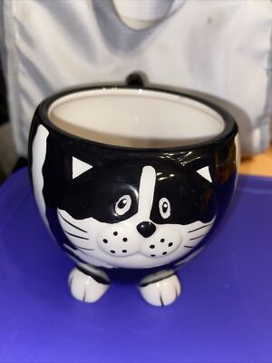 Pier 1 Imports Chubby Cat Black & White Hand Painted Footed 12oz Coffee Mug Tea-image