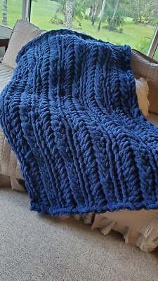Luxury Handmade Chunky Knit Chenille Blanket Warm Soft Cozy Blue-image