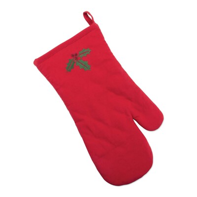 Design Imports Cotton Embroidered Oven Mitt - Red Holly Leaf Design NEW-image