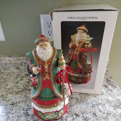  Vintage Porcelain Santa Clause Merry Old Soul Wind Up Christmas Music Box Works-image