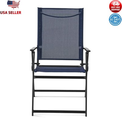 Navy Sling Outdoor Patio Armchair Set of 2 Foldable Waterproof Steel Frame Blue-image