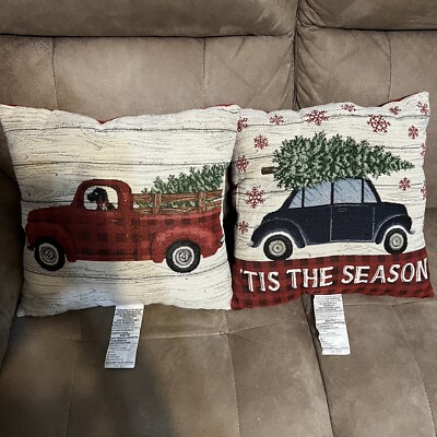 Set Of 2 17x17 Vintage Christmas Throw Pillows Tis The Season Red Truck Tree-image