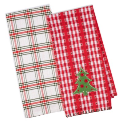 Design Imports Jolly Tree Christmas Holiday Red Gingham Dishtowel Set 2-image