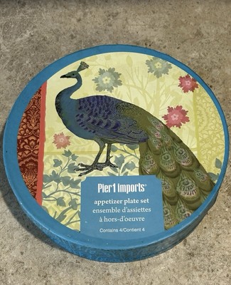 (4) Pier 1 Imports~Peacock Design/Silver Foil Backing~6” Appetizer Plates~Boxed!-image