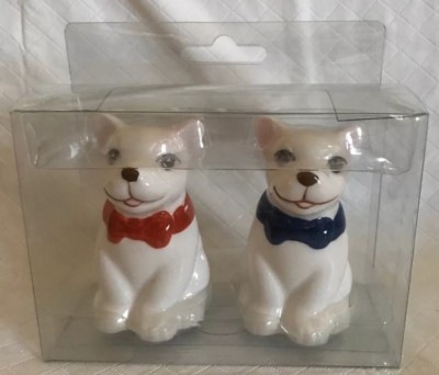 White Bulldogs w/ Red Blue Bows Salt & Pepper Shakers Ceramic Dog Pet Decor 3.5”-image