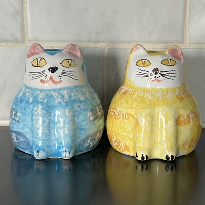 2 Pier 1 Imports Ceramic Yellow & Blue Ceramic Cat Candle Holders Made in Italy-image