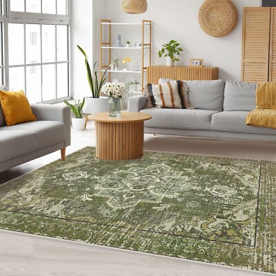 Washable Boho Vintage Area Rugs 3×5 Non-Slip Traditional Olive Green Small -image