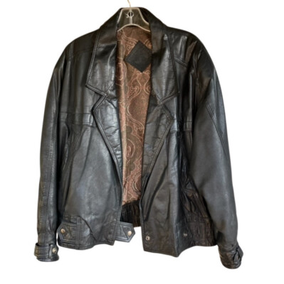 Vintage Men’s Leather Motorcycle Jacket Black Biker Style Chest 54” Shoulder 27”-image