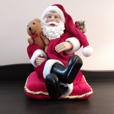 Vintage Musical Santa Claus On A Velvet Pillow With His Sack Of Toys Teddy Bear-image