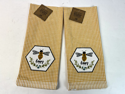 Design Imports DII Bee Happy Yellow Gingham Embellished Dishtowel Set of 2 NWT-image