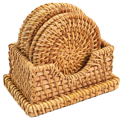 New Honey Brown Set of 6 Round Natural Rattan Placemats with Rectangular Holder-image