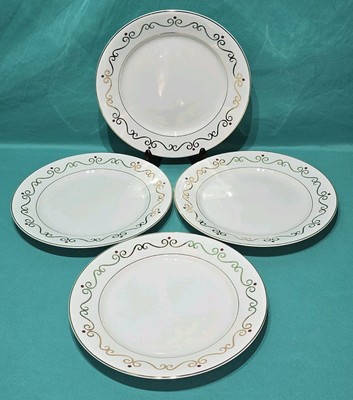Set of 4 Pier 1 Holiday Scroll Dinner Plates Gold Trim & Red Dots 4 More Avail.-image