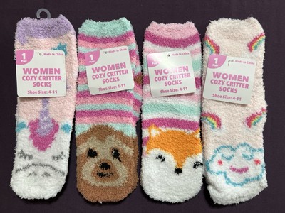 Cozy Critter Socks Fuzzy 2 Matching Pairs Shoe Size Women's 4-11 Kids 7-3 NWT-image