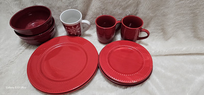 Ceramic Plate & Dish Dining Kitchen Coffee Mug Different Shapes 11 Pices Red-image