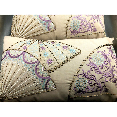Vintage Embroidered and Beaded Oriental Fan Design Accent Pillows. -image