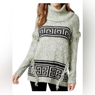 Kensie Boho Fringe Knit Cowl Neck Oversized Soft Comfy Chunky Cream Sweater M-image