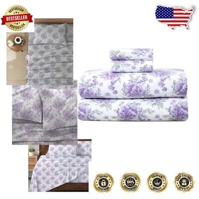 Warm & Cozy 4-Piece Full Cotton Sheets with Floral Pattern - All Seasons Comfort-image