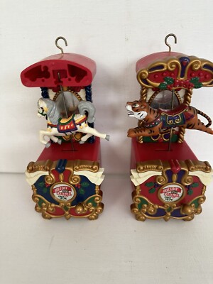 lot of 2 Rare MR CHRISTMAS Holiday Carousel Wind Up Music Animated Ornaments vtg-image