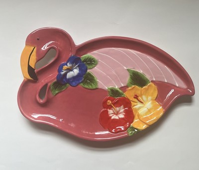Pier 1 Imports Pink Flamingo/Tropical Design Plate/Tray-Hand Painted-image