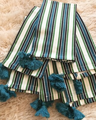 BRAND NWT PIER 1 IMPORTS SET OF 6 PC STRIPED W/TASSELS CLOTH 100% COTTON NAPKINS-image