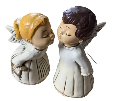 Vintage 1960s Pair Christmas Kissing Angel Figurines, Japan, Windup Music Box,8”-image