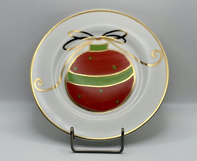 Pier 1 Porcelain Christmas Dessert Plates Reindeer Star  Tree  Ornament Set Of 4-image