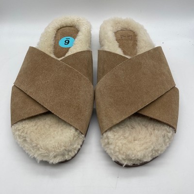 New Marc Fisher Womens Slides Canna Cozy Brown Suede Genuine Shearling Size 6-image