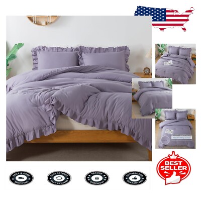 All-Season Greyish Lavender Comforter Set - Fluffy Ruffle Design, Full Size-image