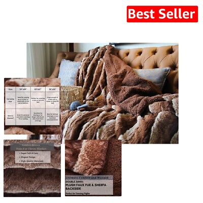 Reversible Sherpa Throw Blanket - Elegant Golden Dark Brown Faux Fur 63x90