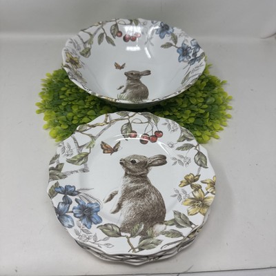 Set of 5 - Pier 1 Sofie the Bunny Salad Plates + Serving Bowl Porcelain Easter-image