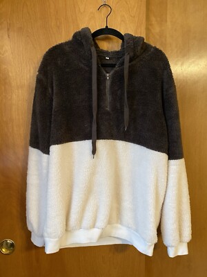 Woman's Hoodie XL White Gray 1/4 Zip Faux Sherpa Fleece Fuzzy Soft Cozy Warm-image