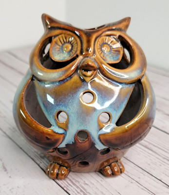Pier 1 Imports Ceramic Owl Boho Cottagecore Tealight Candle Holder Aqua Blue 5