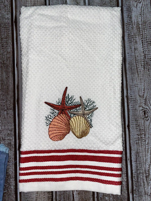 Embroidered White Mainstays Bathroom Hand Towel  Seashells and Starfish HS2186-image