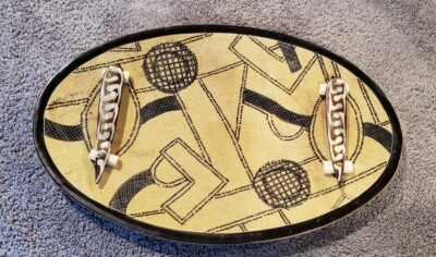 Kenyan Swahili Imports Soapstone Oval Platter Plate Tribal Design Bone Accents-image