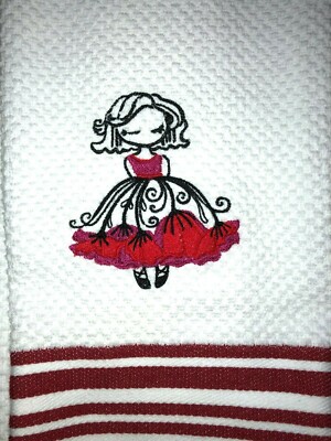 Embroidered White Striped Kitchen Hand Towel Memorial Day Theme  Red Poppy Girl-image