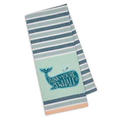 Aqua Striped Cotton Dish Towel - Whale Lover I Think You're S'Whale 18x28 NEW-image