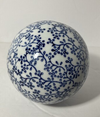 Pier 1 Ceramic Sphere Carpet Ball Blue and White Floral Design Beautiful 4” EUC-image
