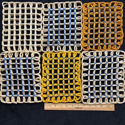 Lot 6 Vintage Pier One Imports Woven Rope Trivet Blues Orange Yellow Free Ship!-image