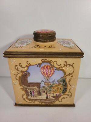 Castilian Imports Porcelain Tea Caddy Hinged Box Montgolfiere Design VGC-image