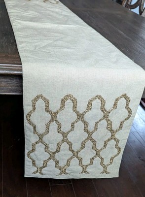 Gold Beaded Linen Table Runner Moroccan Quatrefoil Natural Bohemian Decor -image