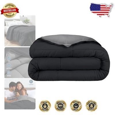 Machine Washable Reversible Full Comforter - Cozy Black/Grey for All Seasons-image