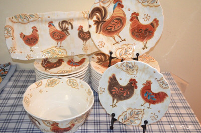 Retired Dinner Set of 25 Pier1 Imports Gallo Chicken/Rooster Excellent-image