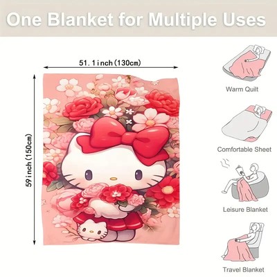 Sanrio Hello Kitty Floral Cartoon Print Fleece Blanket - Soft Cozy All-Season-image