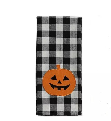 Appliqued Jack-o-Lantern Fall Halloween Kitchen Towel Black White Check-image
