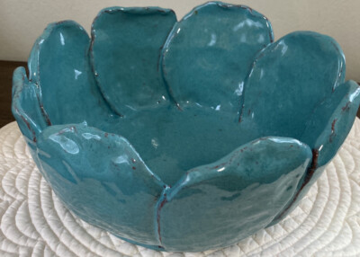Edgar Littlefield Kilns Pottery Teal Serving Bowl 8 x 4.5” Rare Signed ELB 1940-image