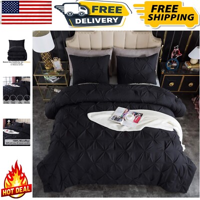 Queen Size Down Alternative Comforter Set - Soft Pinch Pleat Design, Black-image