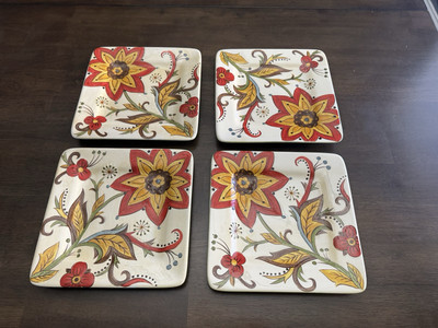 Pier 1 Imports Carynthum Floral Hand Painted Square Salad Plates 8 3/4” Set Of 4-image