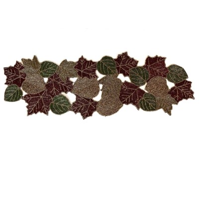 Pier 1  Beaded Fall Autumn Leaf Thanksgiving Table Runner Gold Red Green 36”-image
